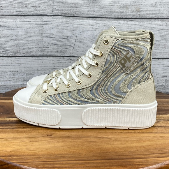 PF Flyers Allston High Top Mesh Tan Metallic Gold Sneaker Women’s Shoe Size 7 - Picture 1 of 12